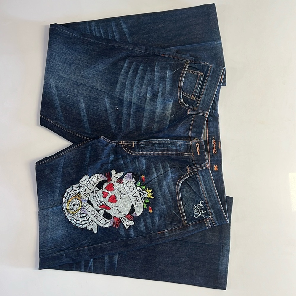 Ed Hardy Jeans Mens 38x32 Straight Button Fly Rhinestone Denim Love Kill Slowly